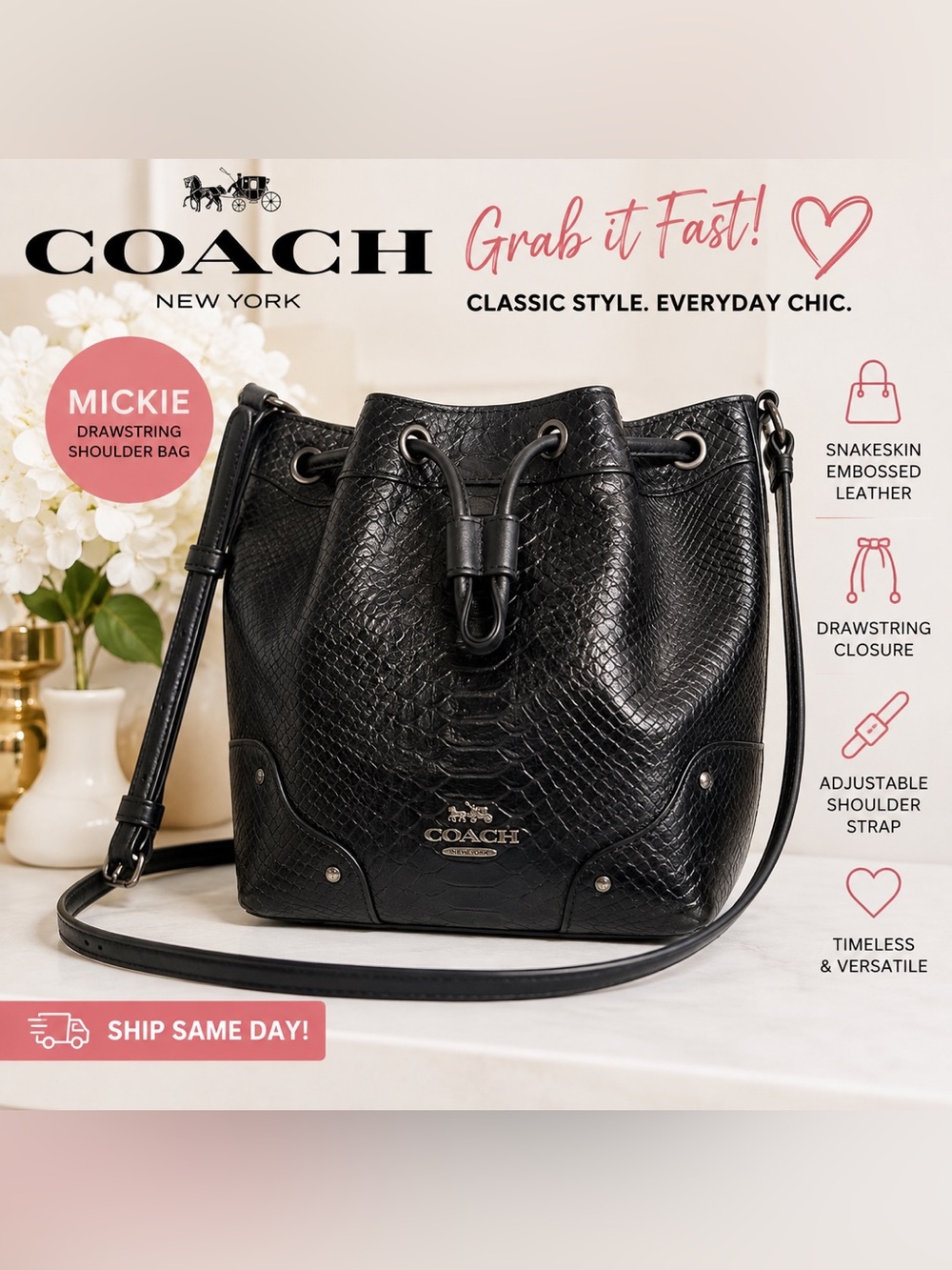 Coach Mickie Black Snakeskin Embossed Leather Drawstring Shoulder Bag F35928